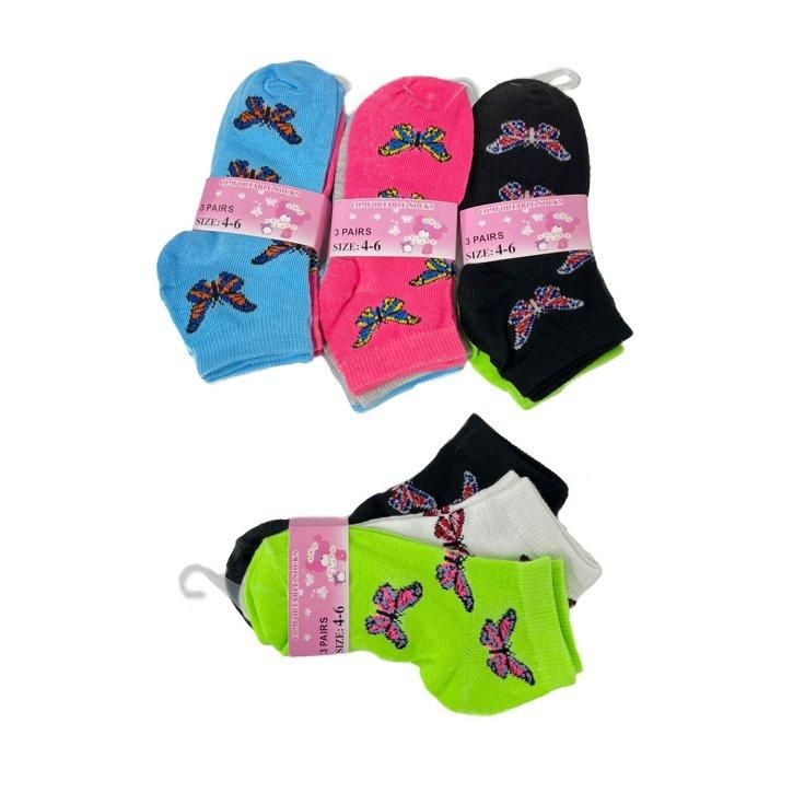 24 Pairs of 3pr Girl's Printed Anklet Socks 4-6 [butterflies]