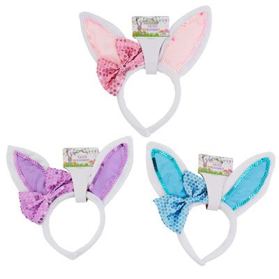 24 pieces of Easter Headband W/sequin Bow 3ast Colors/barbell Header Pink/blue/purple