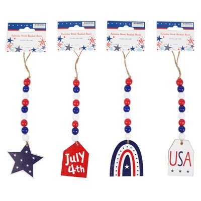 48 pieces of Patriotic Wood Beaded Decor Hanging 10.5in 4ast/headercard