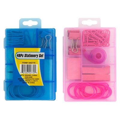 24 pieces of Stationary Set In Divider Box 48pc Clips/stickynote/bands/tape 2ast Colors Blue/pink Stat Label