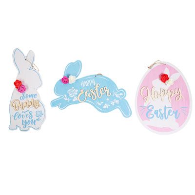 24 pieces of Easter Hanging Plaque 3ast Mdf Bunny Embellished W/eva Flowers Jute Rope Hanger/mdf Comply Lbl