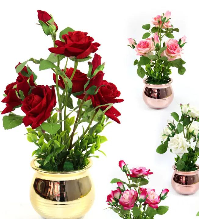 12 Pieces of 15 Inch Simulation 6 Rose Potted Plants