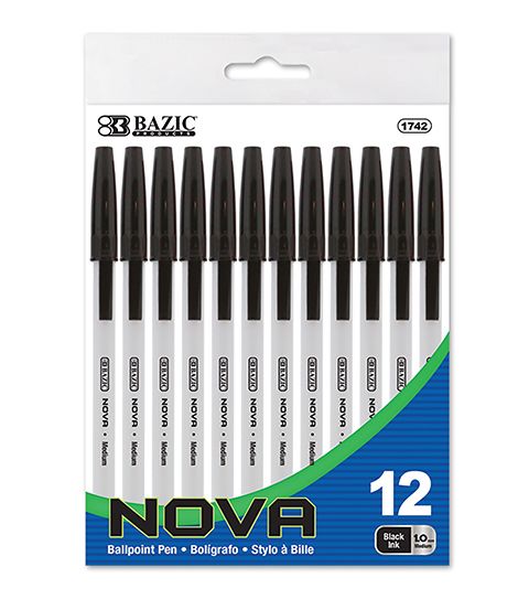 144 Pieces 12pc Black Nova Black Color Stick Pen - Office Accessories
