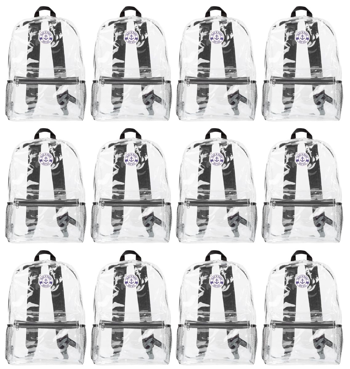 12 Pieces of 17 Inch Backpacks For Kids, Clear With Black Trim, 12 Pack