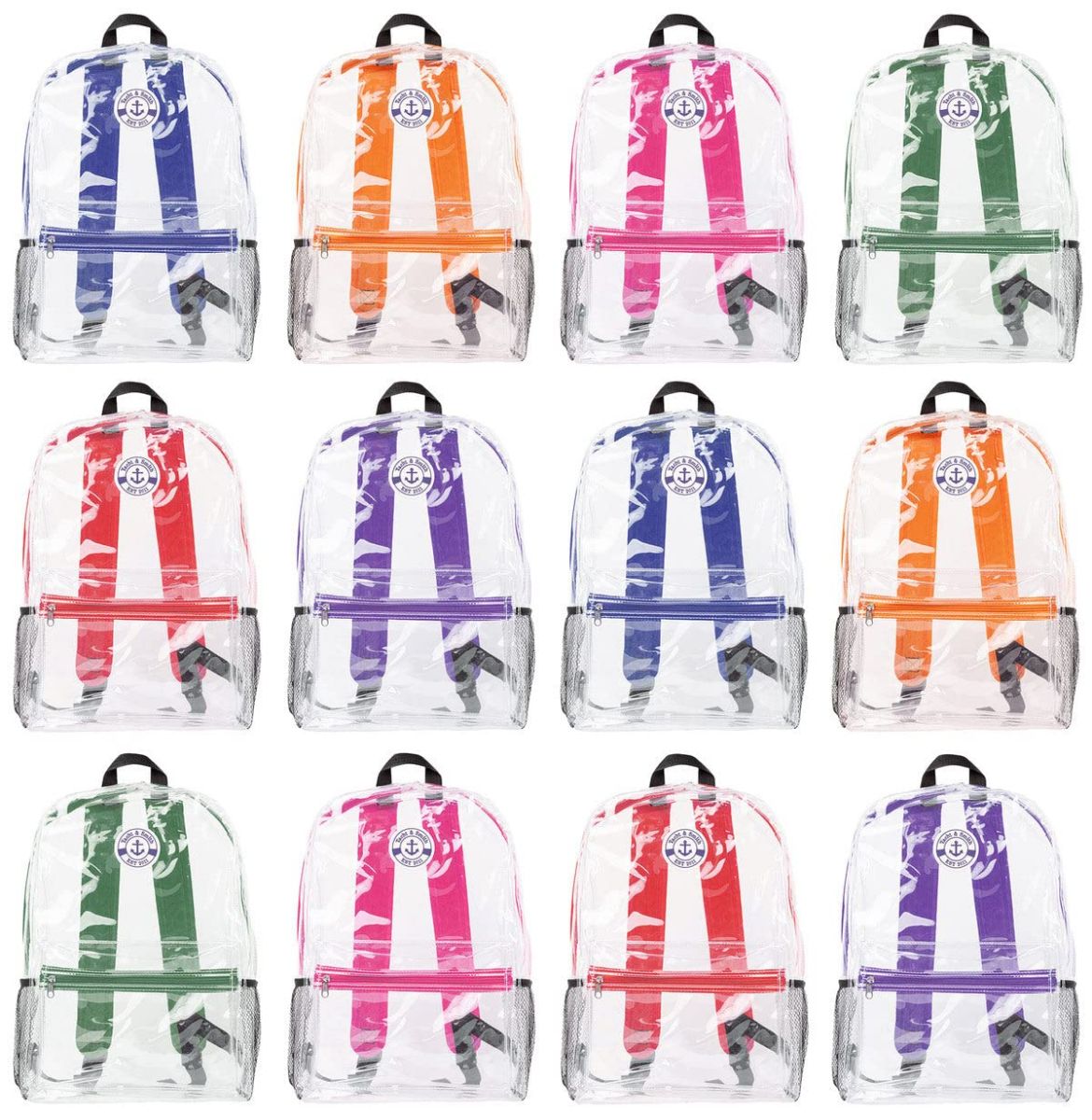 12 Pieces of 17 Inch Backpacks For Kids, Clear With Assorted Color Trim, 12 Pack
