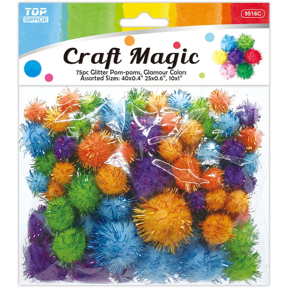 12 Pieces of 75ct Glitter PoM-Poms Glamour Colors & Astd Sizes