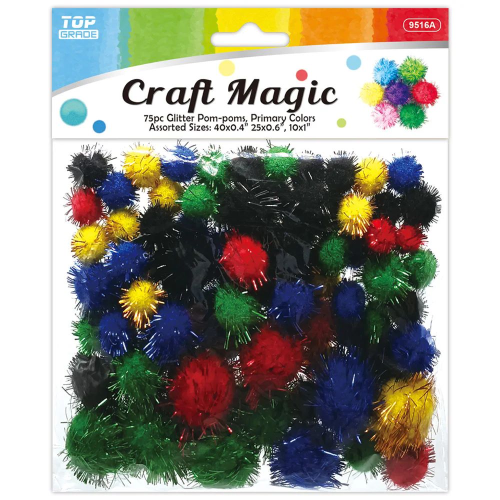 12 Pieces of 75ct Glitter PoM-Poms Astd Primary Colors & Sizes