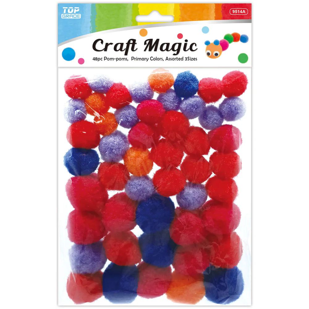 12 Wholesale 75ct Glitter PoM-Poms Astd Primary Colors & Sizes - at 