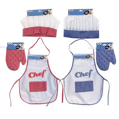 36 pieces of Chef Jr Apron/hat/oven Mitt Dressup Red Or Blue Check/hdr