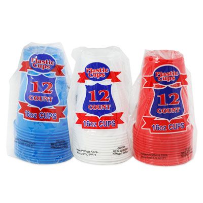 48 pieces of Cups Plastic 12pk/16oz 3ast Disposable Red/white/blue Printed pb