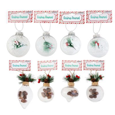 24 pieces of Ornament Clear W/winter Scenes Greenery/snow 8ast Xmas Hdr
