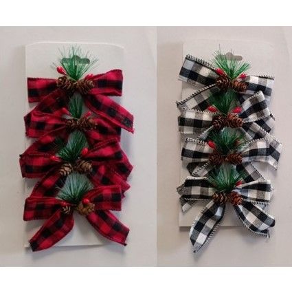 24 pieces of Bow Christmas Buffalo Check 4pk 2ast W/pine Greenery 4x5in Tcd Polyester Bow