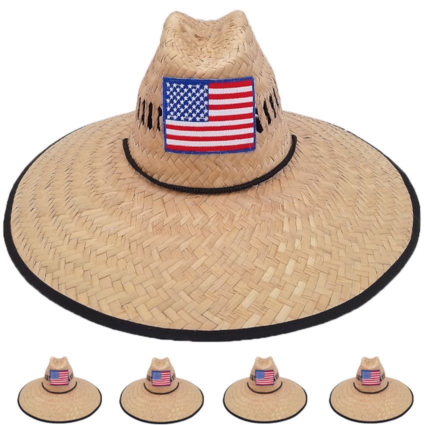 12 Pieces of Wide Brim Raffia Straw Lightweight Usa Embroidered Man Sun Hat