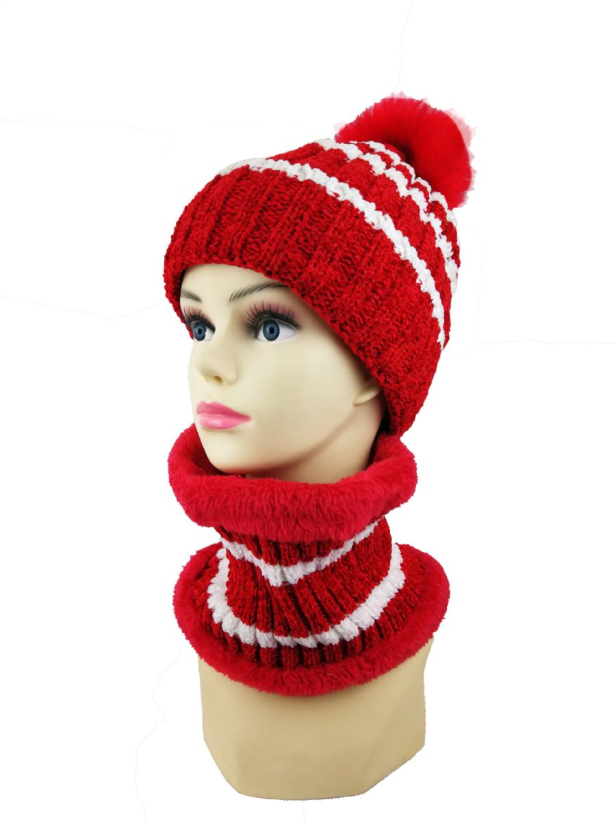 36 Pieces of Stripe Design Pom Pom Winter Hat And Neck Warmer Set Fleece Line