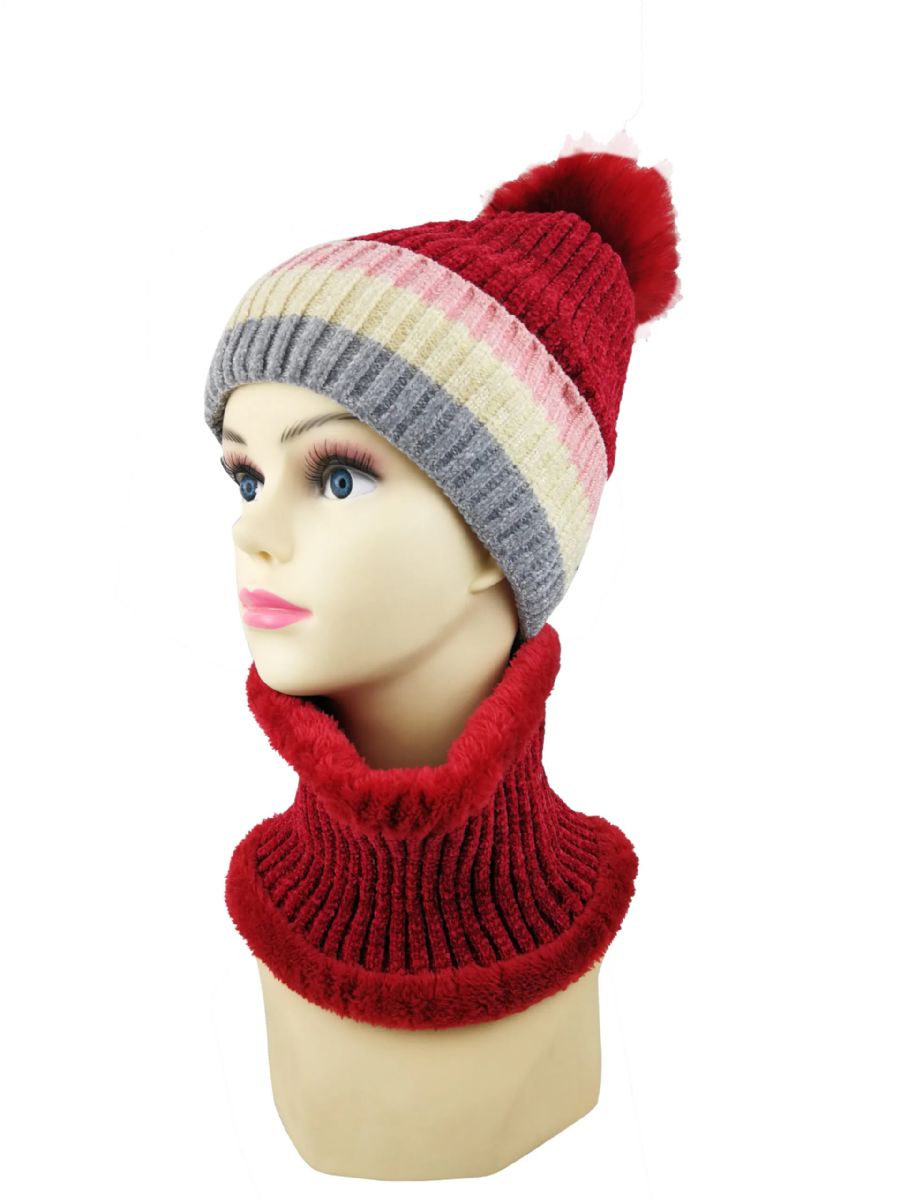 36 Pieces of Stripe Pom Pom Winter Hat And Neck Warmer Set Fleece Line