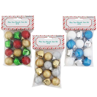 48 pieces of Mini Tree/wreath Trim Kit 12pc 8 Glitter 1in Ball/4 Bells 3ast Color Combos Xmas Pbh