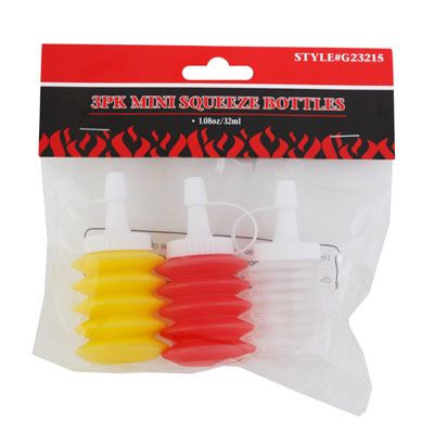 36 pieces of Mini Squeeze Bottle 3pc 1.08oz Red/yellow/clear Bbq Pbh