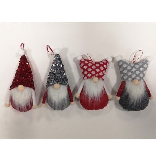 24 pieces of Gnome Ornament 4ast Stuffed W/fabric Or Sequins Hat 7.5in Christmas Hangtag