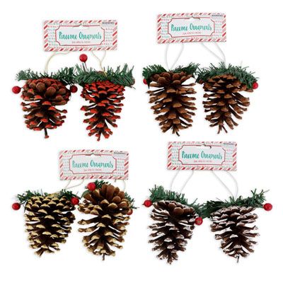 36 pieces of Pinecone Ornament 2pk 4ast W/glitter Gold/red/natural/white Christmas Headercard
