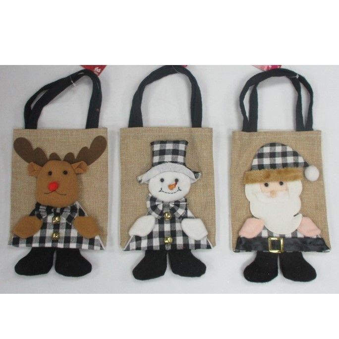 24 pieces of Gift Bag Christmas 3ast Burlap 6.5x8in W/3d Characters Xmas Ht Buffalo Check