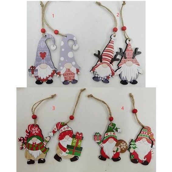 24 pieces of Ornament Gnome 2pk Mdf 4ast W/twine Hanger & Bead Xmas Barbell