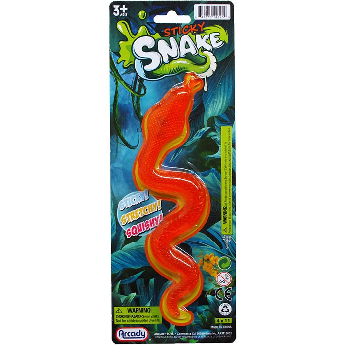 144 pieces of 8" Stretchable Sticky Snake On Blister Card, Assrt Clrs