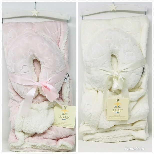 12 pieces of Pink/ivory Baby Blanket W/pillow, BI-Fold On Hanger C/p 12