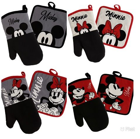 24 pieces of Mickey And Minnie Oven Mitt And Pot Holder Set With Neoprene, Classic Black/grey And Black/red Assorted C/p 24
