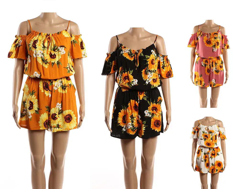 48 Pieces of Womens Romper Sunflower Printed In Assorted Colors