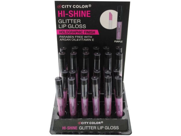 72 pieces of HI-Shine Glitter Holographic Purple Lip Gloss In Countertop Display