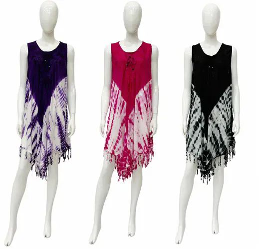 12 Pieces of Rayon Tie Dye Embroidered With Fringed Umbrella Dress