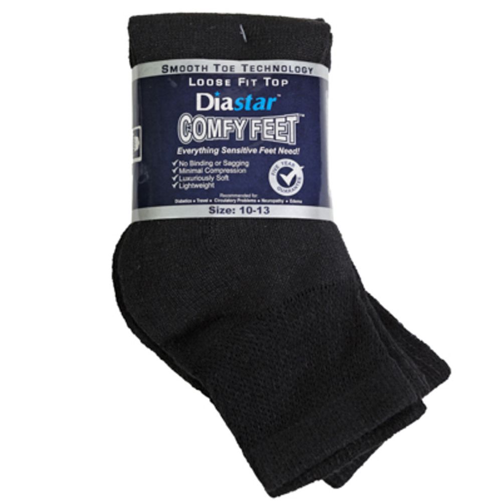 60 pieces of Socks 3pk Size 10-13 Black Qtr Length Diabetic Crew Comfy Feet