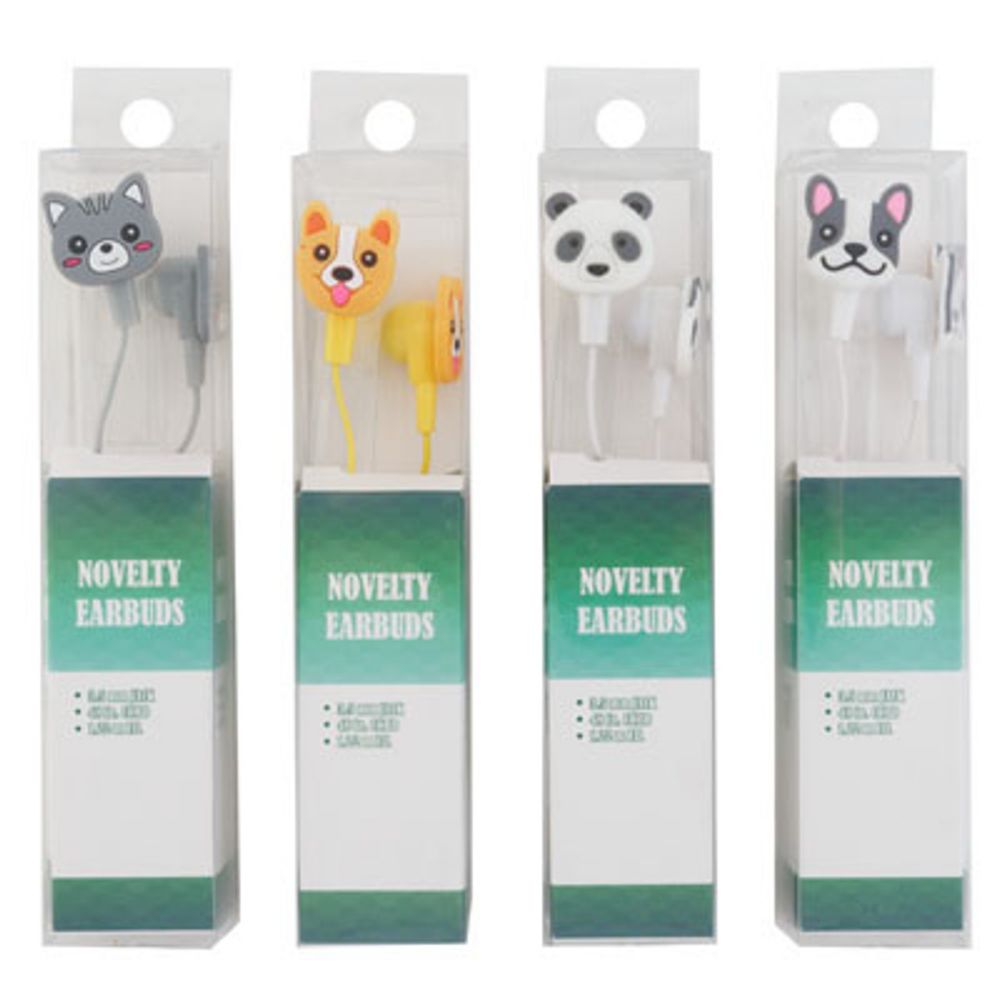 48 pieces of Earbuds Novelty Animal 4ast 2-Dog/cat/panda Pvc Box W/insert 48in Cord/3.5mm Jack