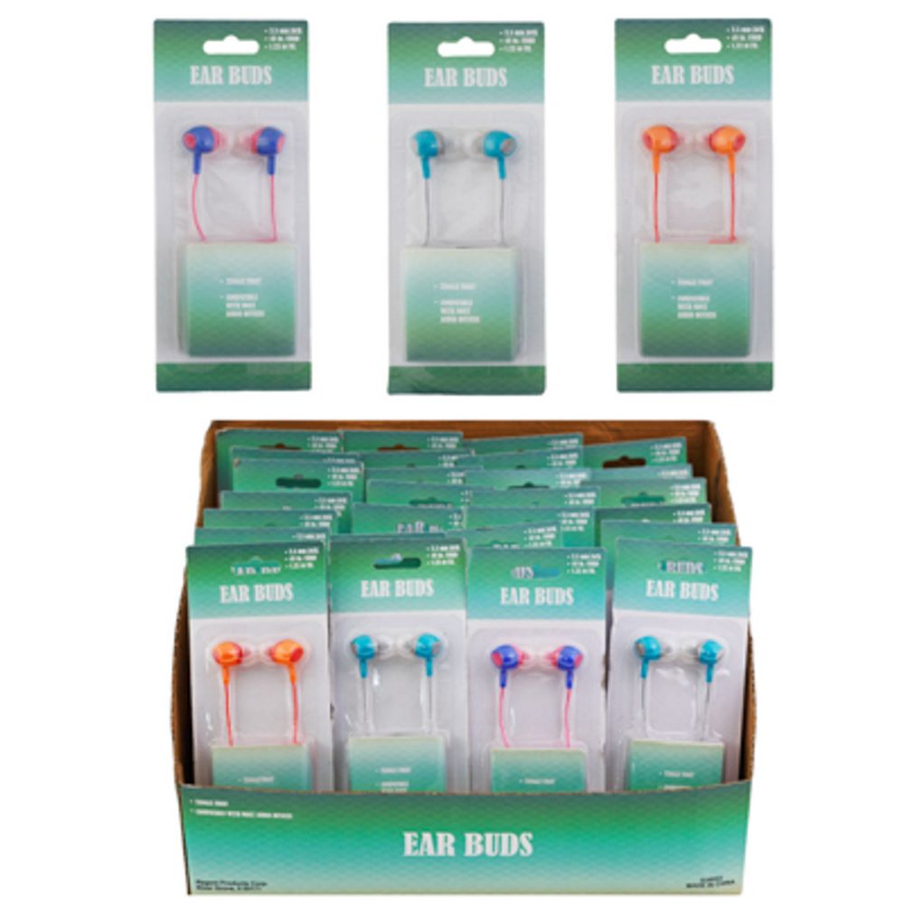 36 pieces of Earbuds 3ast 2-Tone Colors In 36pc Pdq/blistercard 3.5mm Jack/48in Cord