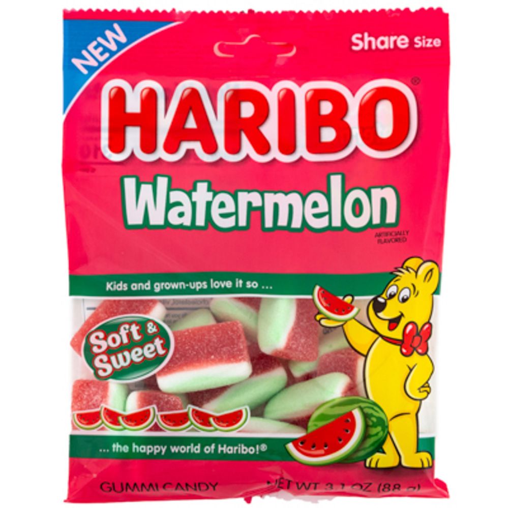 12 Wholesale Gummi Candy Haribo Watermelon3.1 Oz Peg Bag WSD