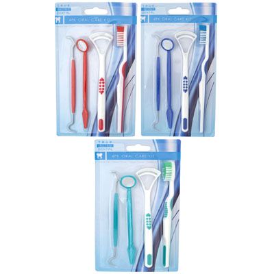 24 Pieces of Toothbrush Oral Care Kit 4pk Pick/mirror/brush/tongue Cleaner 3ast Colors/hba Blister Card