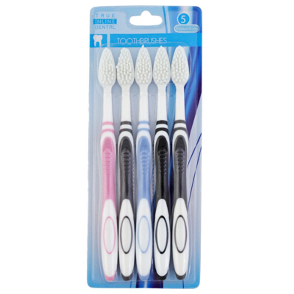 24 pieces of Toothbrush 5pk Medium Bristle 5clrs Per Pk Hba/blister Pink/blk/blue/2 Greys