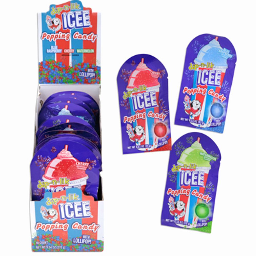 108 pieces of Icee Popping Candy 3 Flavors W/lollipop 0.53 Oz In 18pc Counter Display