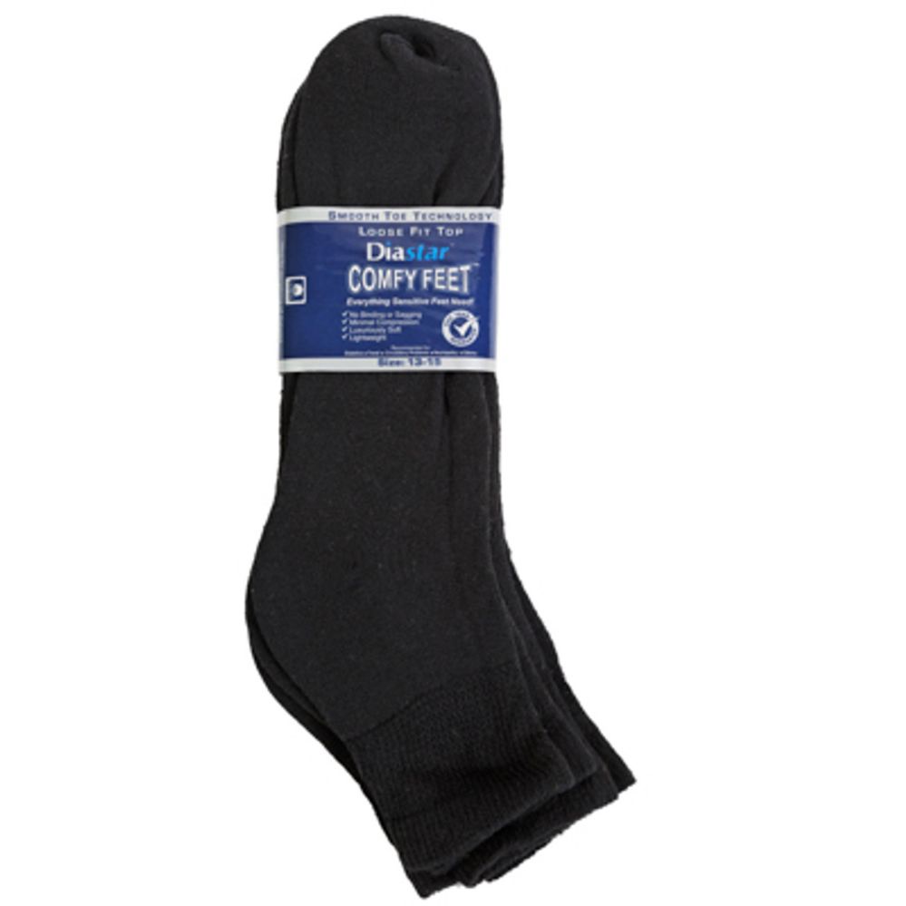60 pieces of Socks 3pk Size 13-15 Black Qtr Length Diabetic Crew Comfy Feet Peggable
