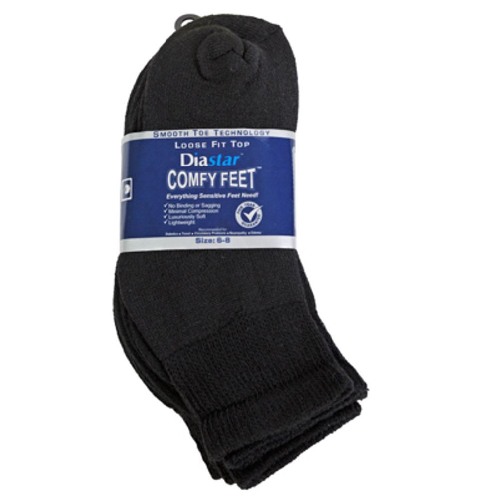 60 pieces of Socks 3pk Size 6-8 Black Qtr Length Diabetic Crew Comfy Feet Peggable