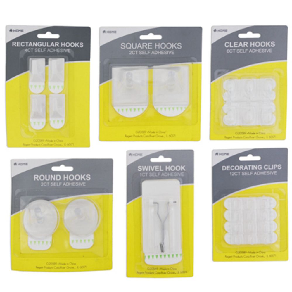 36 pieces of Hook Asst SelF-Adhesive 6ast White/clear 1/2/4/6/12 Pks Housewares/blistercard