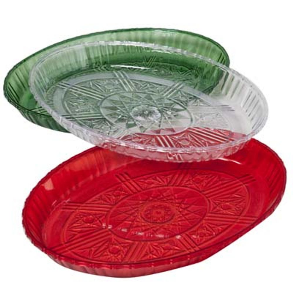 48 pieces of Oval Serving Tray Crystal Look Red/green/clear Upc Label 9.65"x13.31"x1.3" Case Cut Display