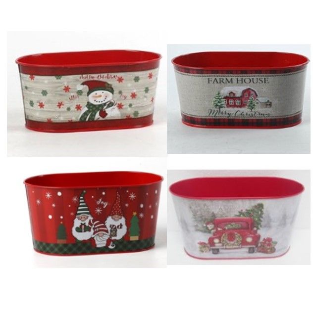 12 pieces of Christmas Tin Bucket Oval Decorative 9in L X 4.5in W X 4.625in H 4asst Prints Upc Label
