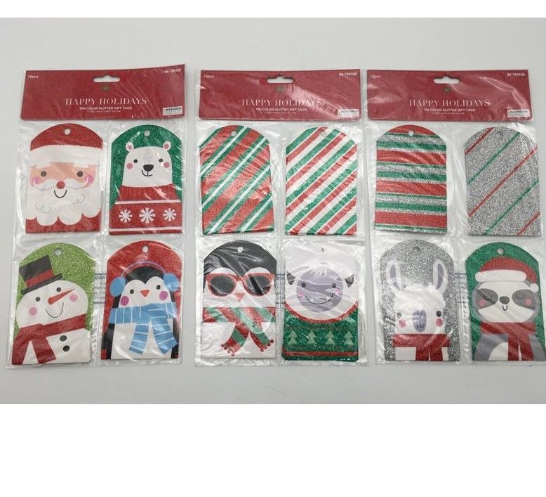 48 pieces of Gift Tags 12ct W/strings 3ast W/glitter 4 Designs Per Pack 2.5x4in /24pc Mdsgstp Cello Sleeve/pb Hdr Insert