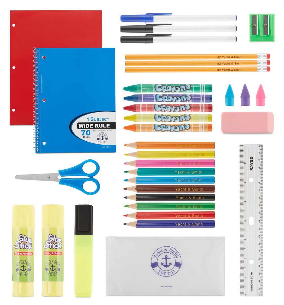 12 Sets of Yacht & Smith 34 Pack Preassembled School Supply Kit K-12