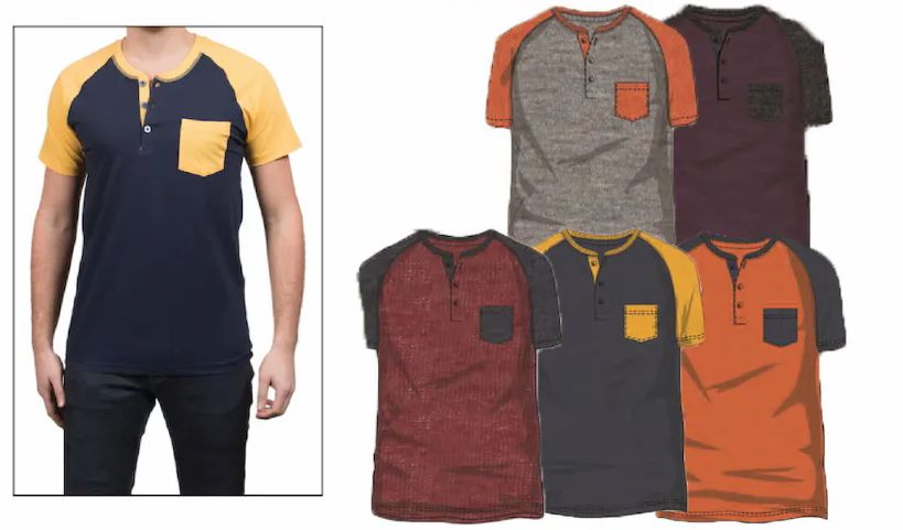 72 Pieces of Men's Short Sleeve Henley Contrast Color Pocket T-Shirts