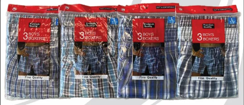 96 Pieces of Boys 3 Pack Woven Yarn Dyed Boxer Shorts Sizes S-xl