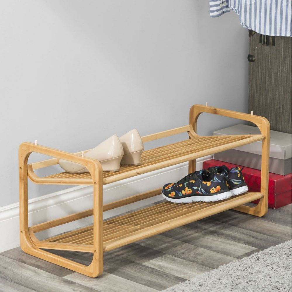 HOMCOM Bamboo Shower Bench Bathroom Stool Spa Bath Organizer Seat W/ Shelf - Natural Wood