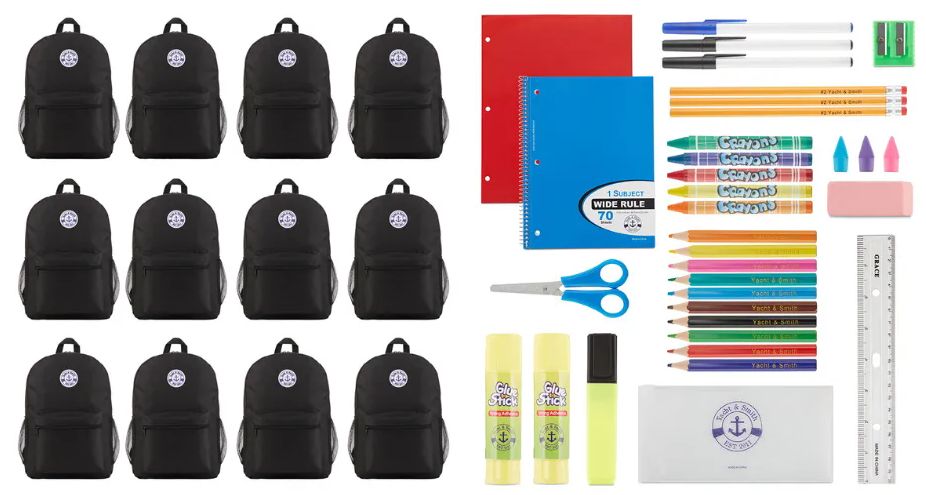 24 Wholesale Yacht & Smith School Supply Bundle 12 Black Back Packs Plus 12 (34 Piece) School Supply Kits