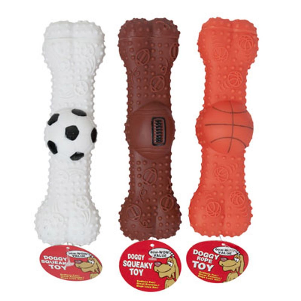 39 Pieces of Dog Toy Vinyl W/squeaker 8 Inch Sports Bone 3 Asst In Pdq #s10028